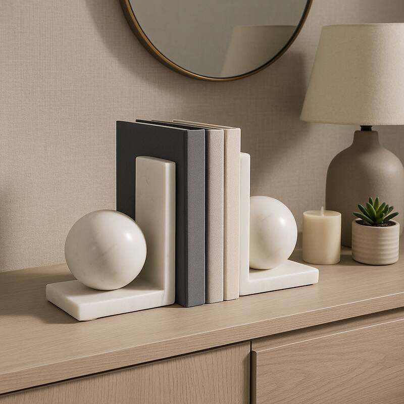 Stone Bookends Decorative L-Shaped with Geometric Sphere (Set of 2)