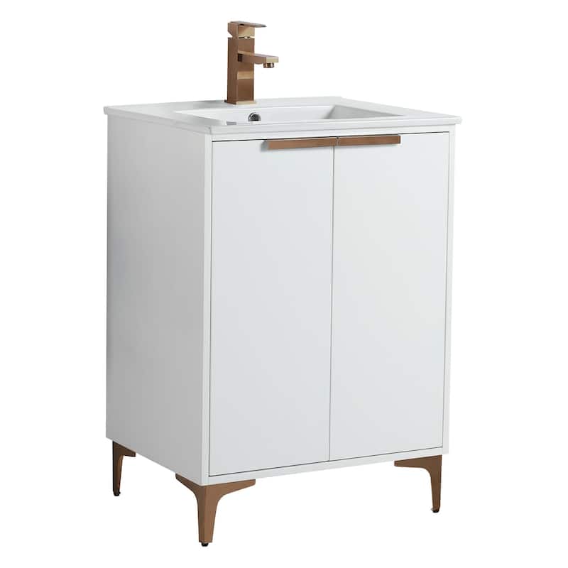 Fine Fixtures Wilmington Bathroom Vanity with White Ceramic Sink. - 24 Inch - White Matte - Rose Gold Hardware