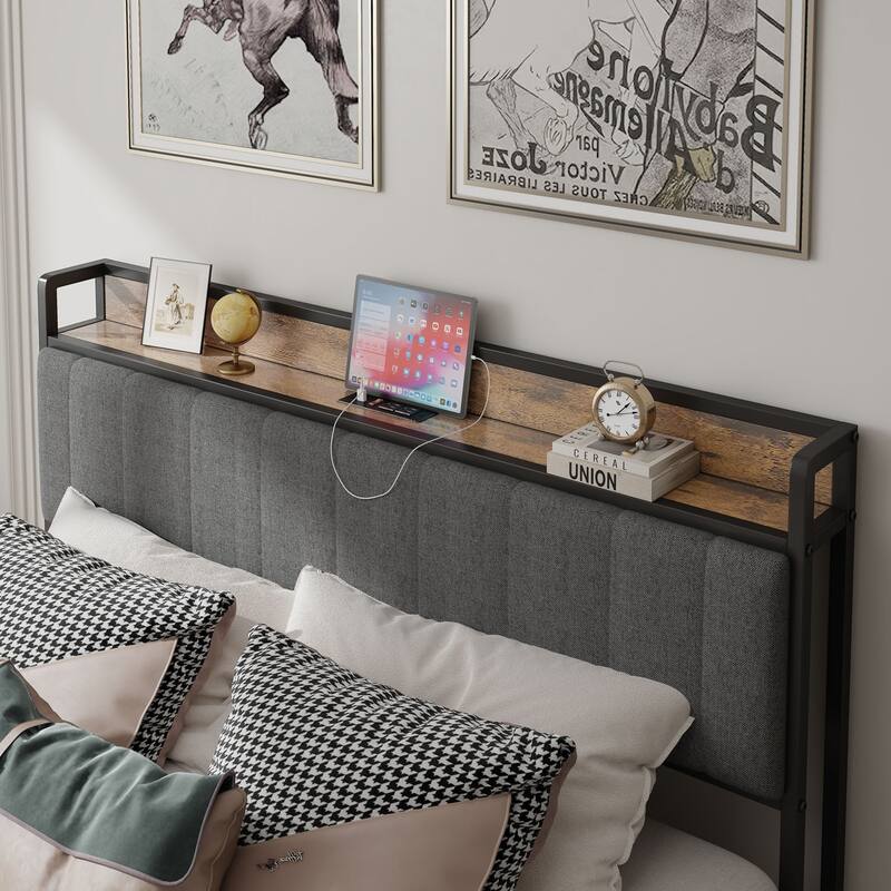 Grey Upholstered Queen Bed Frame with Charging Station and Metal Platform