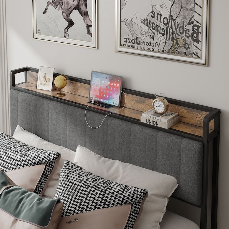 Queen Bed Frame with Charging Station, Upholstered Headboard, Metal Platform, Grey