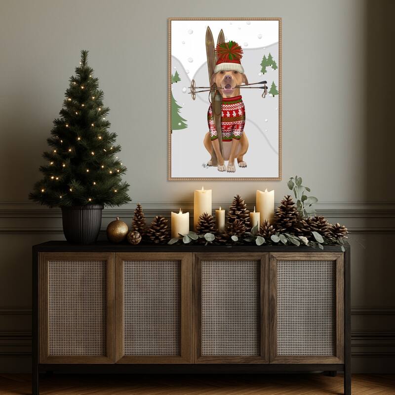 Pitbull Skiing by Fab Funky (23 x 33 in.), Framed Canvas Wall Art Print - Sylvie Beaded Rustic Natural