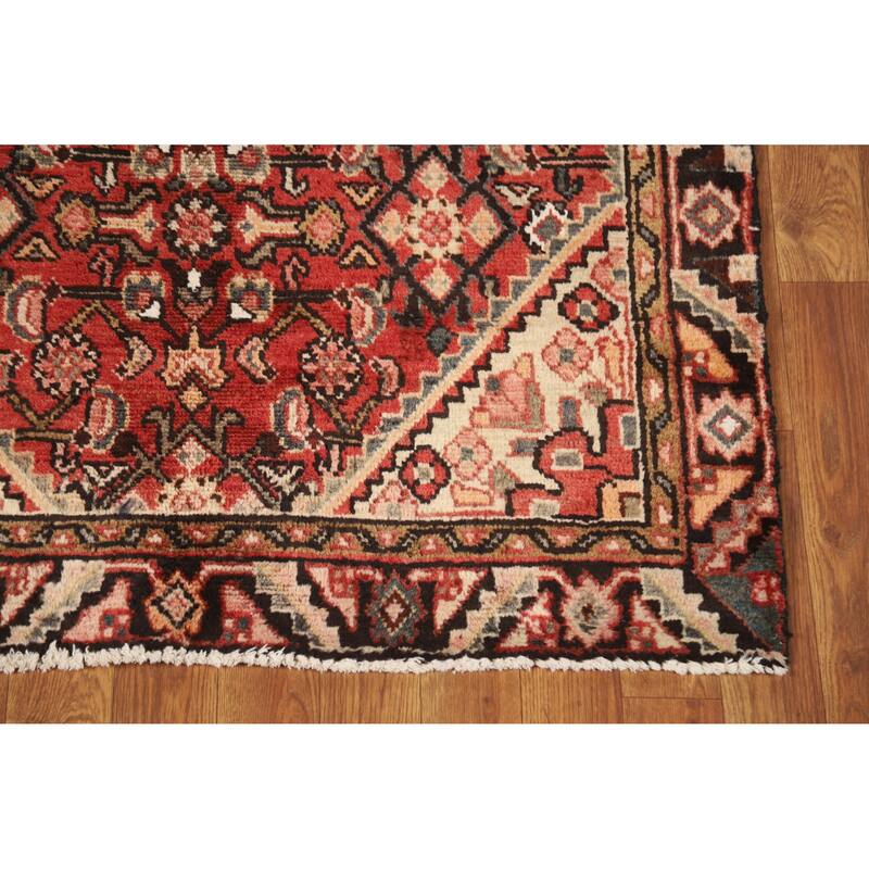 Hand Knotted Oriental 100% Wool Carpet Traditional Geometric Red Hamedan Runner Rug - 10' 3'' X 3' 4''