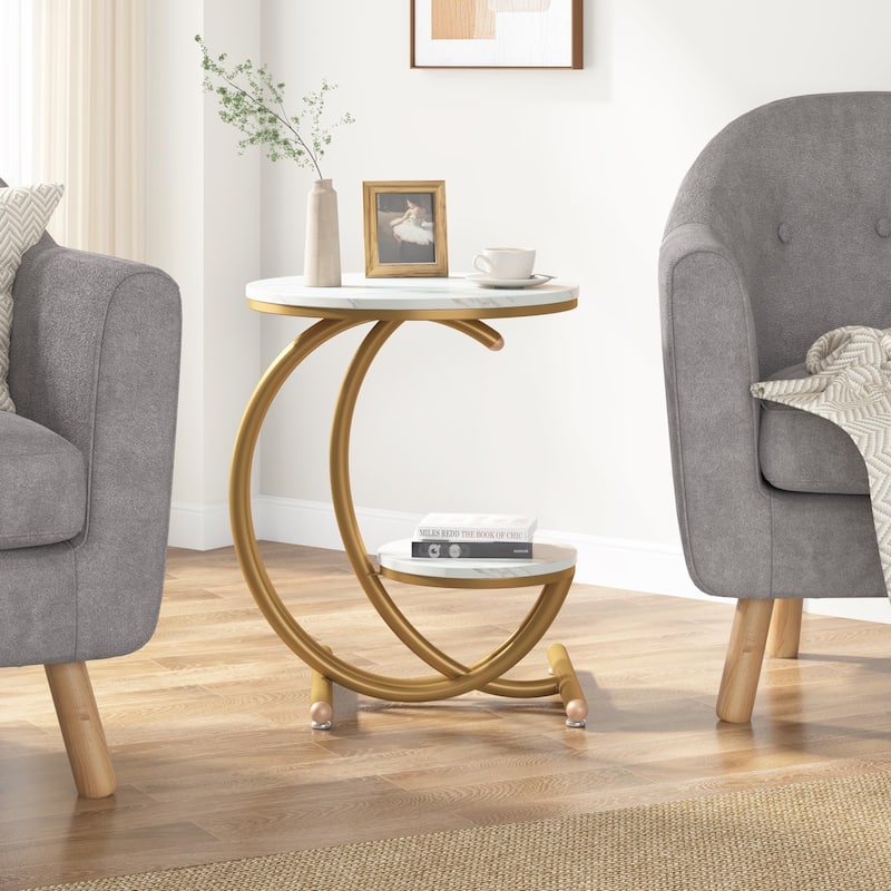 2-Tier Round Marble End Table with Storage Shelf (Modern/Industrial)