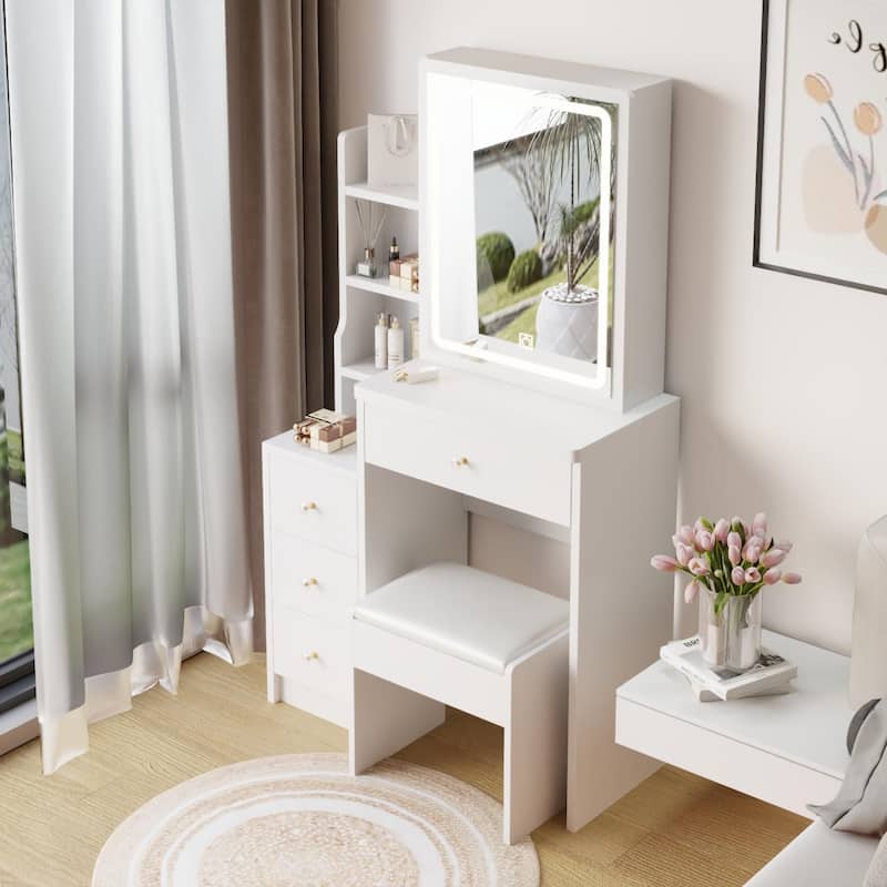 Left Cabinet Vanity Table,Cushioned Stool,Touch Control Sliding LED Mirror,3-color,Bright Adjustable,Girls less Than 5.6ft Tall