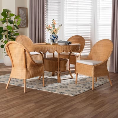 Tyrone 5-Piece Rattan Dining Set - Round Wicker Table with Scallop Edge and 4 Side Chairs, Woven Boho Coastal Style for Dining