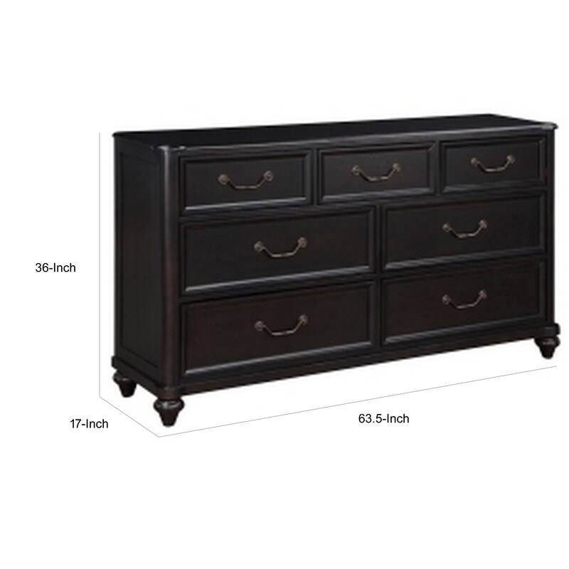 Vix 64 Inch Wide Dresser, 7 Molded Trim Drawers, Pewter Drop Handles, Black