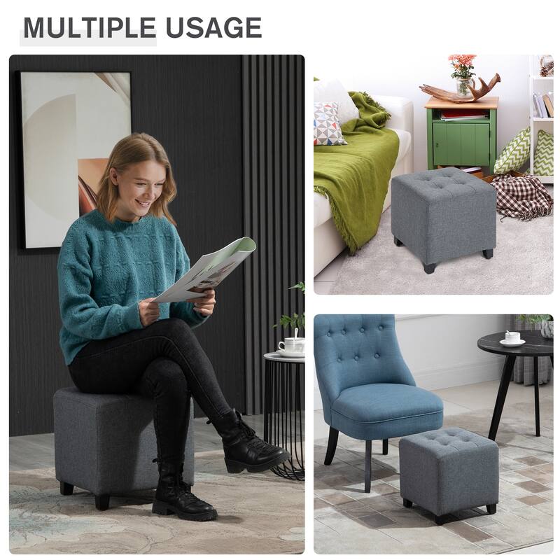 HOMCOM Tufted Ottoman Linen-Touch Fabric Upholstered Footrest Stool with Anti-Slip Pads