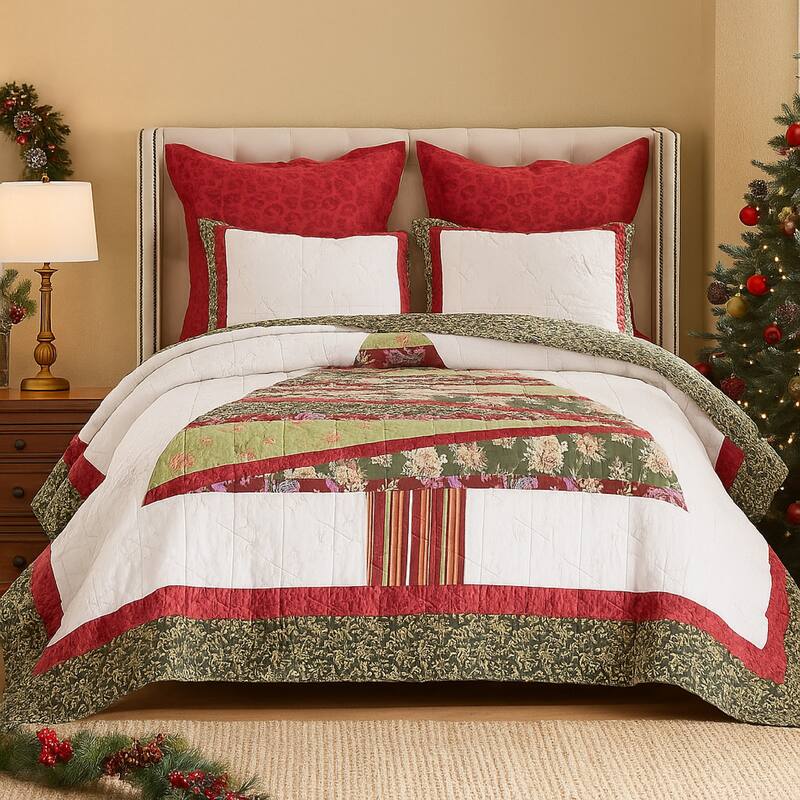 Kini 2pc Twin Quilt Set, Patchwork Christmas Theme, Cotton, Microfiber