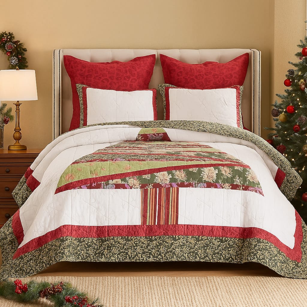 Kini 2pc Twin Quilt Set, Patchwork Christmas Theme, Cotton, Microfiber