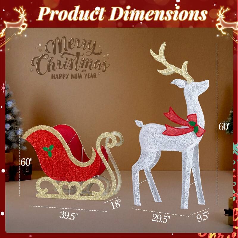 5FT Lighted Reindeer Pulling Sleigh Christmas Decorations Outdoor Indoor Decor Lighted Holiday Displays - Gold+White