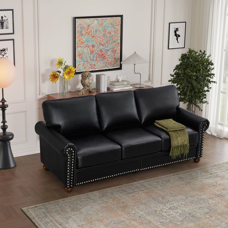 3-Seat Classic Sofa - Faux Leather with Nail Trim and Storage Boxes