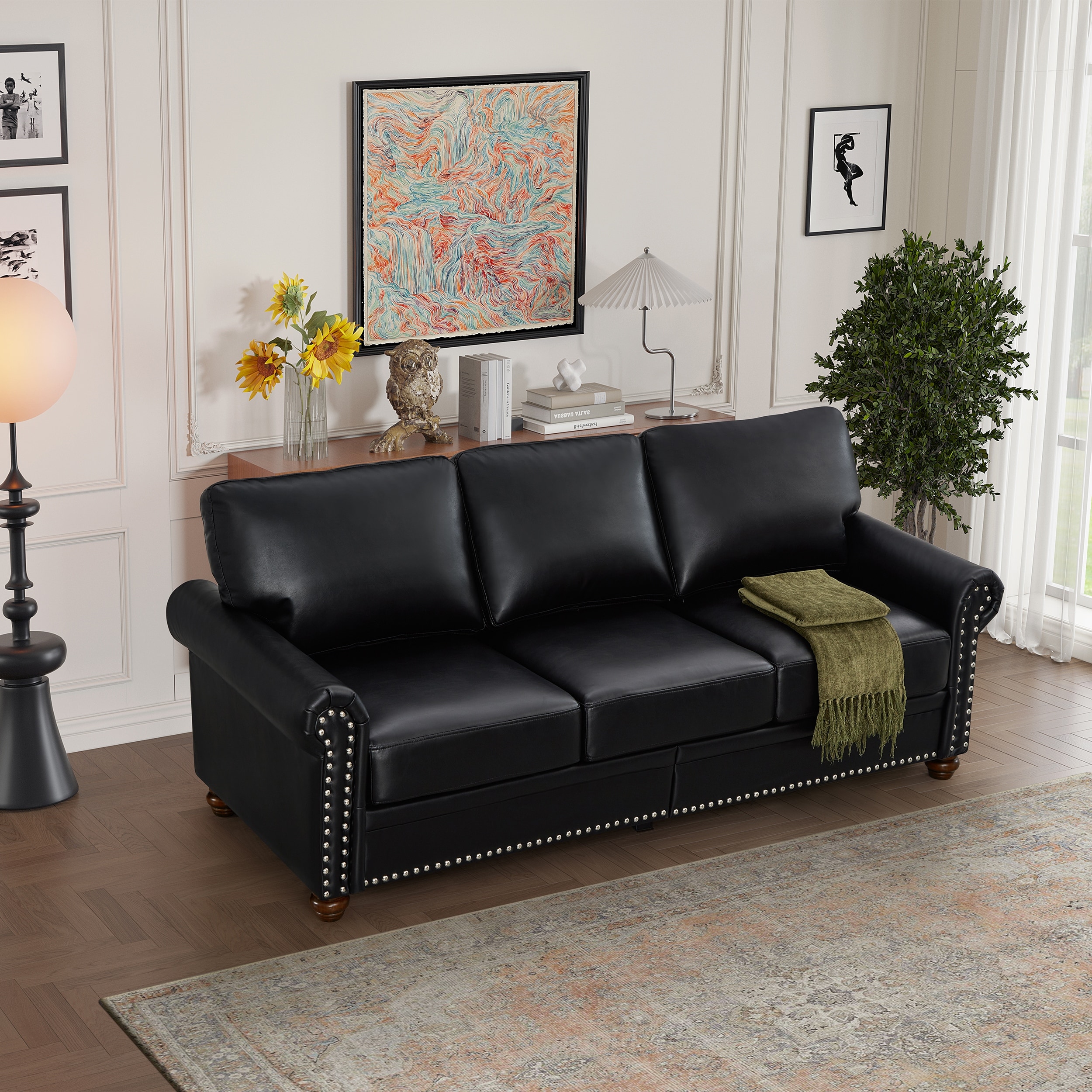 3-Seat Nails Sofa with Storage Space, Wood Legs, Faux Leather