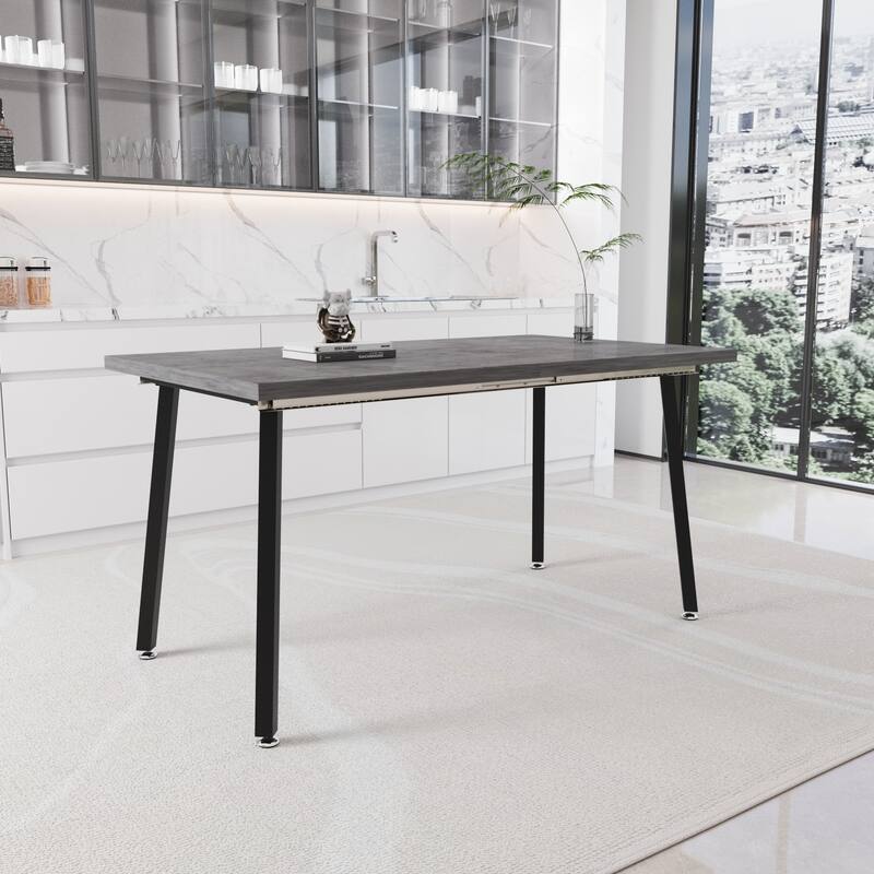 Grey MDF Modern Expandable Dining Table with Black Metal Legs - 55.1'' x 31.5” x 29.5''