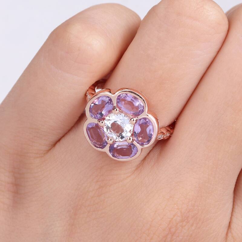 Miadora Rose Plated Sterling Silver Amethyst, White Topaz and Diamond Accent Composite Flower Ring