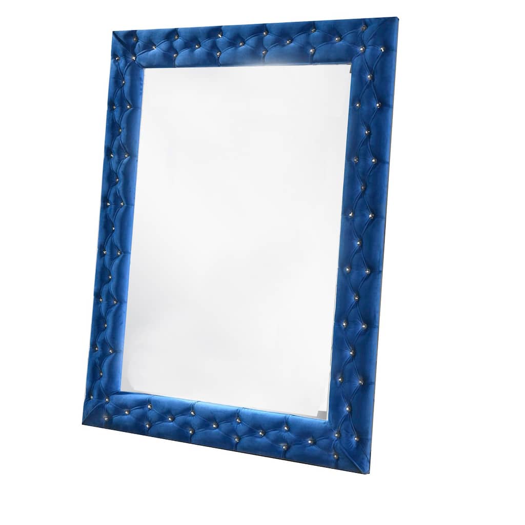 Velvet Wrapped Wooden Frame Mirror with Button Tufting, Blue