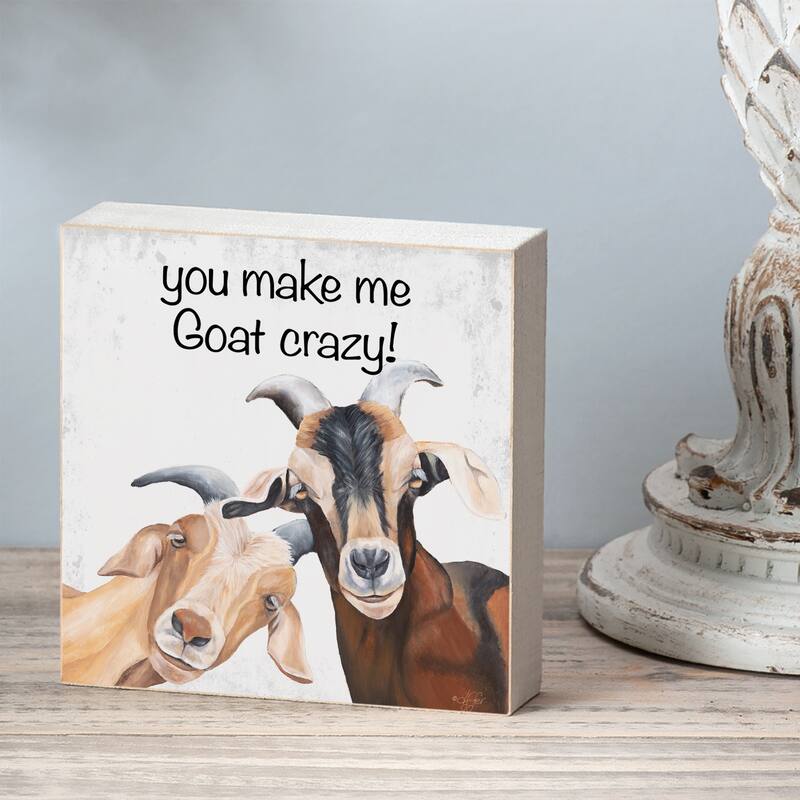 Goat Crazy Artistic Freestanding Solid Wood Block Sign Made in the USA 3.75” Square Decorative Accent for Home or Office - Multi