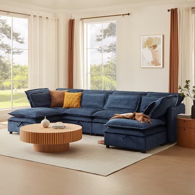 Modern Large U-Shaped Modular Sofa with Movable Storage Ottoman,. Upholstered Deep Seat Sofa with Double-Layer Cushion