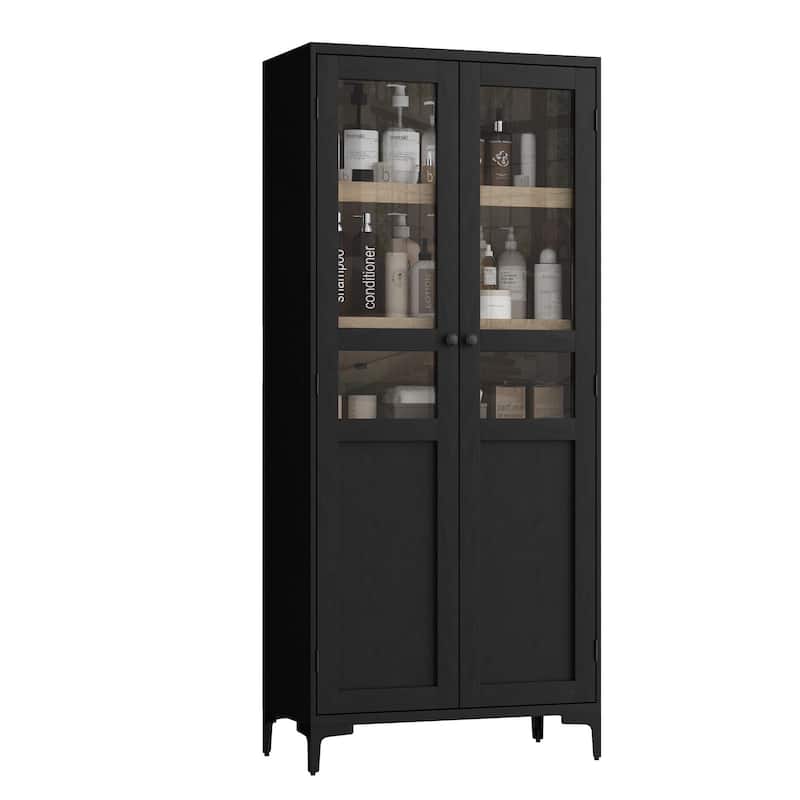 Tall Storage Cabinet,2 Glass Doors, Kitchen Pantry 5 Tier Bathroom Cabinet - Beige - Glass