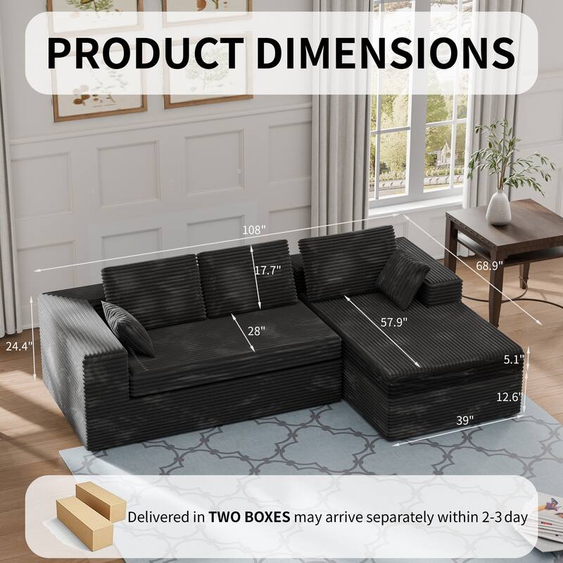 Modland 108" Boneless Cloud Couch, Modular L-Shaped Sectional Sofa, No Assembly, Corduroy