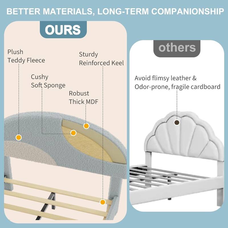 Twin Bed Frame, with Wooden Slats and Round Boucle Headboard