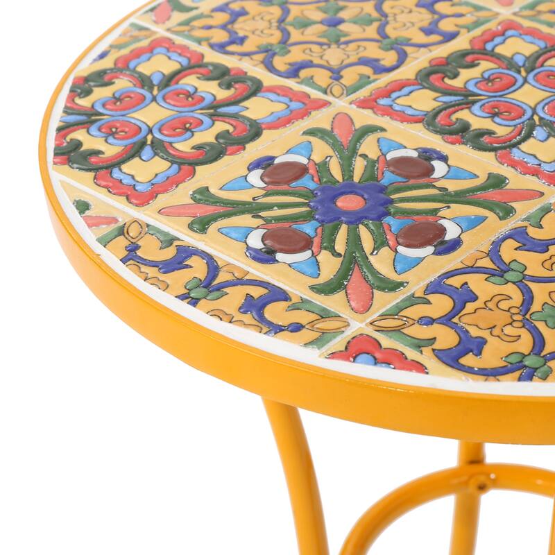 Outdoor Side Table with Tile Mosaic Table Top and Metal Legs, Yellow - 11.02