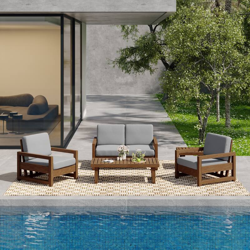 5-Piece Teak Wood Outdoor Patio Conversation Set with Cushion