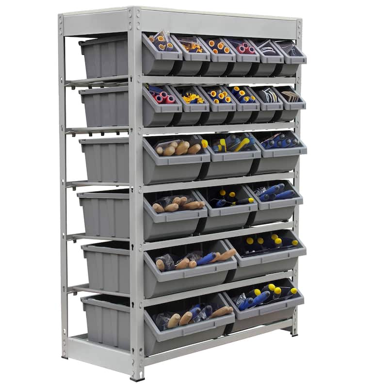 King's Rack Bin Rack Storage System Heavy Duty Steel Rack Organizer Shelving Unit w/ 22 Plastic Bins in 6 tiers