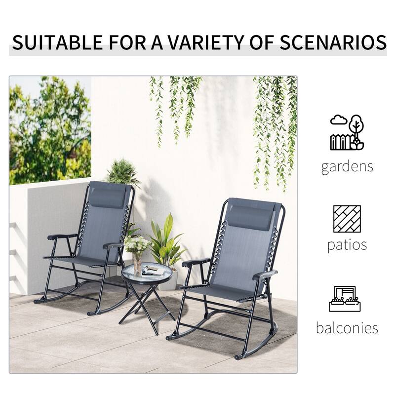3 Piece Outdoor Rocking Bistro Set, Patio Folding Chair Table Set with Glass Coffee Table for Yard, Patio, Deck, Backyar