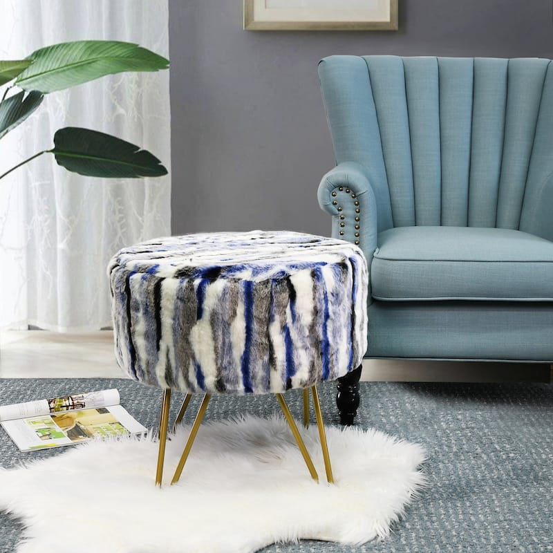 Home Soft Things Multi Jacquard Fauxfur Round Ottoman - 18''x18''x8'' - Blue