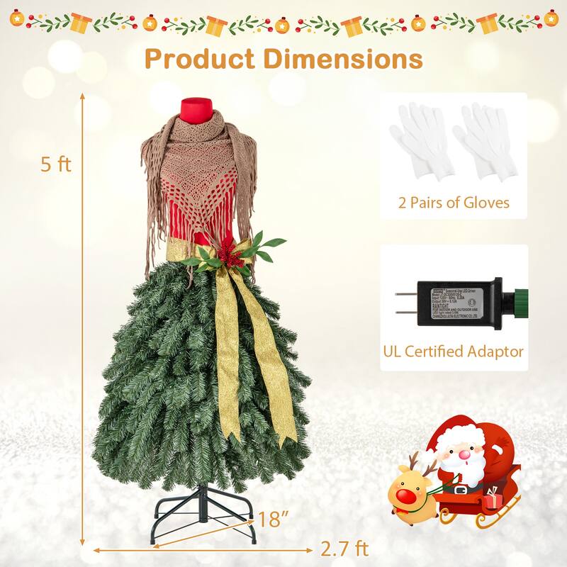 5ft Pre-Lit Mannequin Christmas Tree with 100 LED Lights Red Berries and Gold Ribbon - 5-Ft