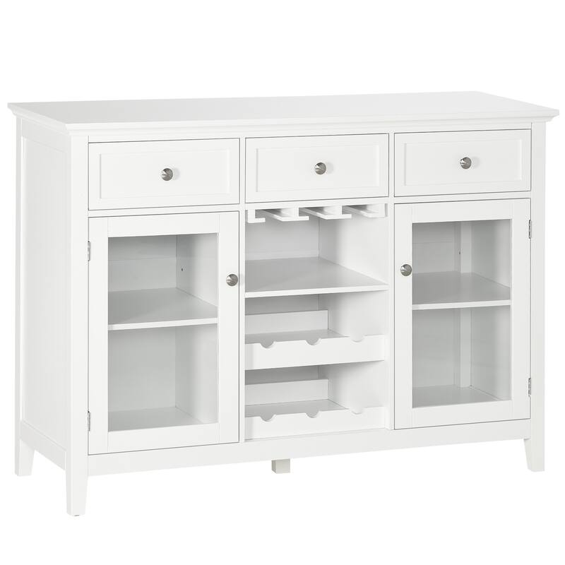 Coffee Bar Cabinet with 3 Drawers, 6-Bottle Wine Rack, Stemware Racks, Glass Door, Sideboard Cabinet, Wine Cabinet - White