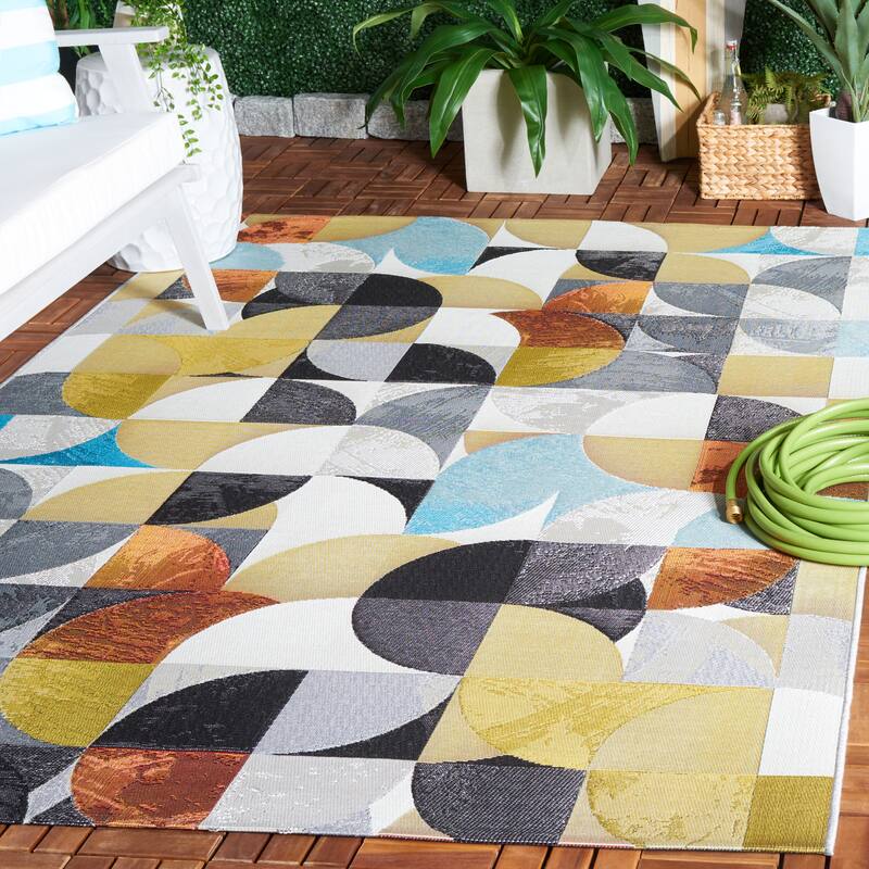 SAFAVIEH Barbados Nery Mid-Century Modern Abstract Waterproof Patio Backyard Rug - 8' x 10'5" - Ivory Black/Blue Rust