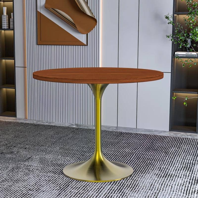 Verve 36" Round Dining Table with Solid Wood Top and Accent Brushed Gold Pedestal Base for Kitchen & Dining Room
