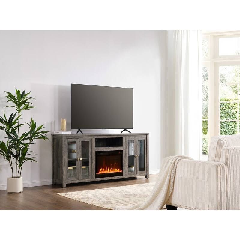 Ellington 70"W White Walnut Finish Fireplace TV Stand Console with LED Light, Cabinets, Shelves - n/a - Gray Walnut