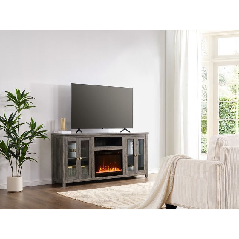 Ellington 70 inch Fireplace TV Stand ─ Electric Heater Console with Adjustable Flame and LED Colors, Cabinets, Open Shelf - n/a