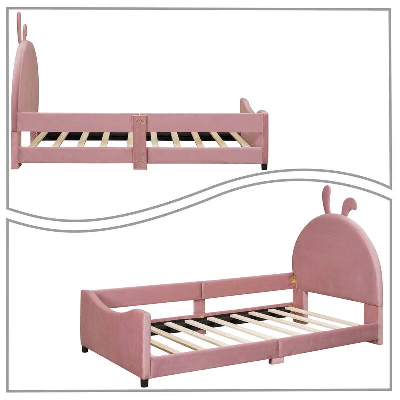 Stylish Lovely Twin Size Velvet Upholstered Platform Bed Frame with Unique Decorated Headboard