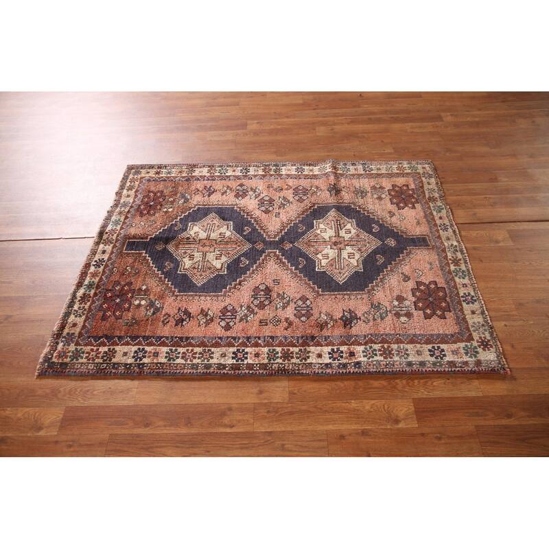 Tribal Pink Shiraz Persian Vintage Area Rug Handmade Wool Carpet - 3'7"x 4'7"