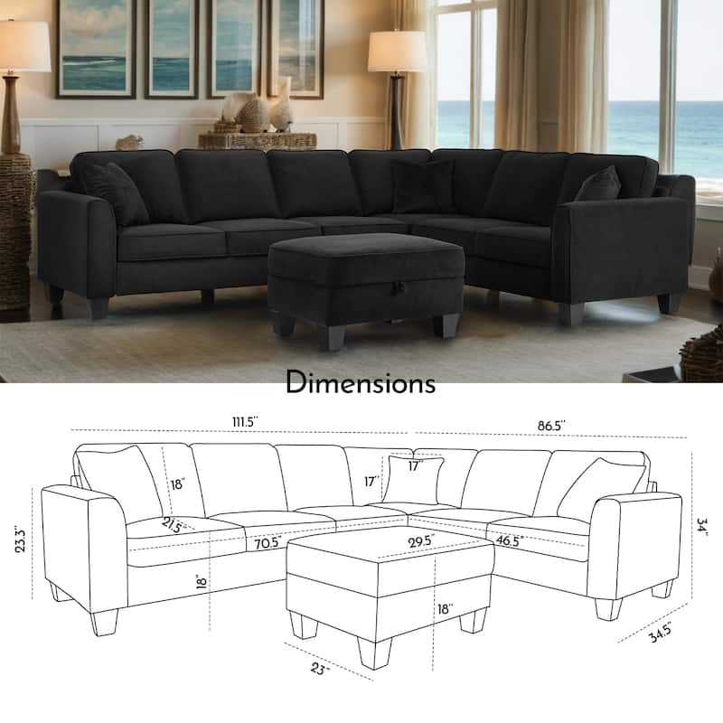 112" Width Black L-Shape Sectional Livingroom Modular Sofa With Storage Ottoman