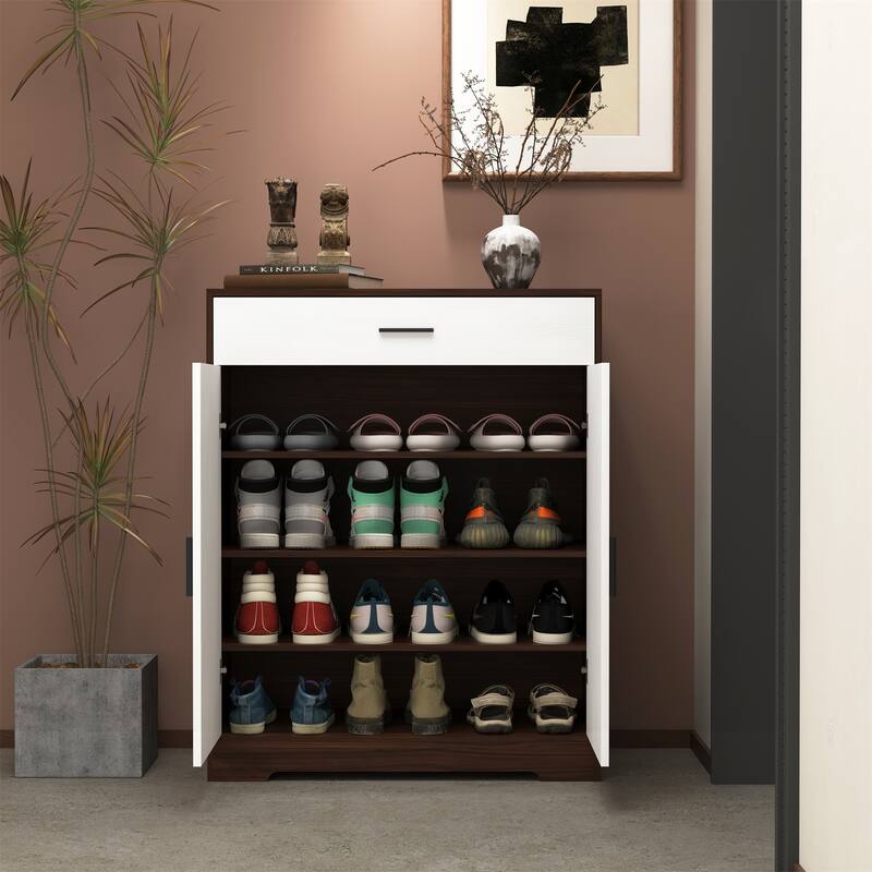 Freestanding Wood Shoe Storage Cabinet w/ 2 Doors ,Adjustable Shelves - Walnut