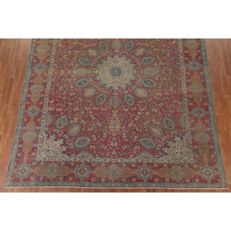 Hand Knotted Oriental 100% Wool Carpet Traditional Floral Pink Tabriz Area Rug - 12' 10'' X 9' 11''