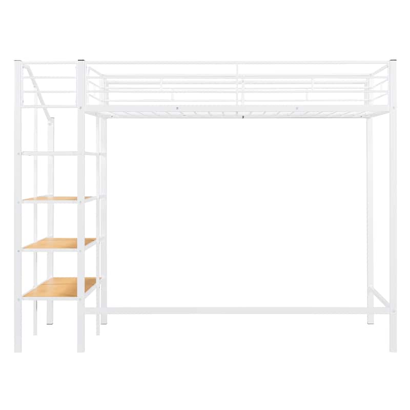 Twin Metal Loft Bed with Storage Shelf & Ladder, Full Length Guardrail