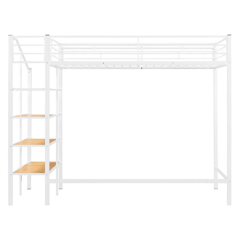 Twin Size Metal Loft Bed with Upper Storage Shelf and Lateral Ladder, White
