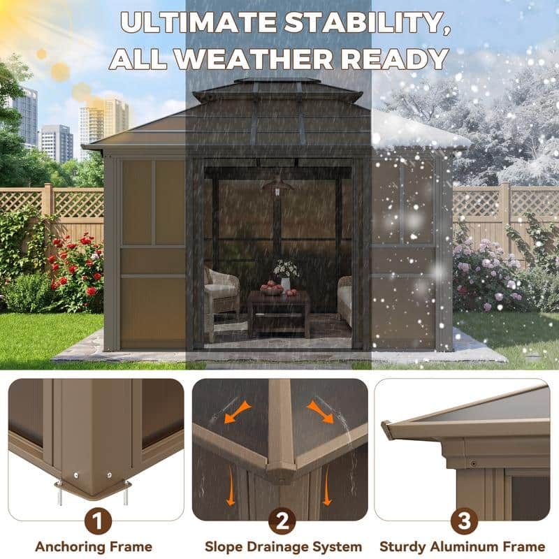 EROMMY Sunroom Gazebo with Double Roof, Adjustable Windows & Lockable Sliding Doors for Patio, Garden, and Backyard