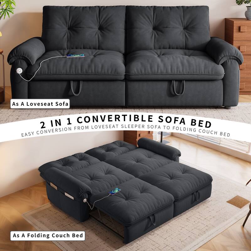 2-in-1 Velvet Pull Out Sleeper Sofa Bed Convertible Loveseat Couch for Sitting, Napping or Sleeping with Side Pockets and USB