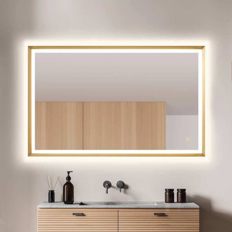 Apollo Rectangular Anti-Fog Dimmable Modern Bathroom/Vanity LED Lighted Wall Mirror in Brushed Gold Aluminum Framed