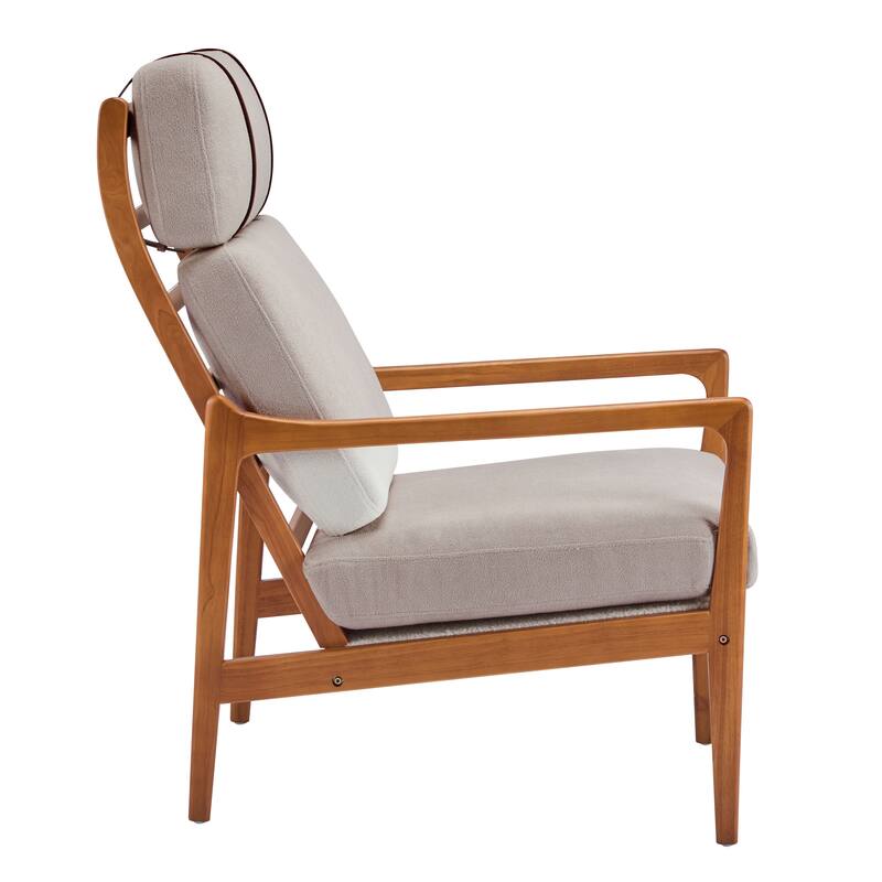 Mid Century Modern Accent Armchair, Solid Wood Frame with High Back, Beige Upholstered Cushions, Ergonomic Lounge Chair