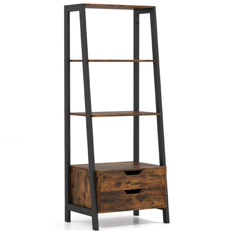 Ladder Bookshelf 4-Tier Freestanding Bookcase with Drawers - 20.5" x 15.5" x 52.5" - Rustic Brown
