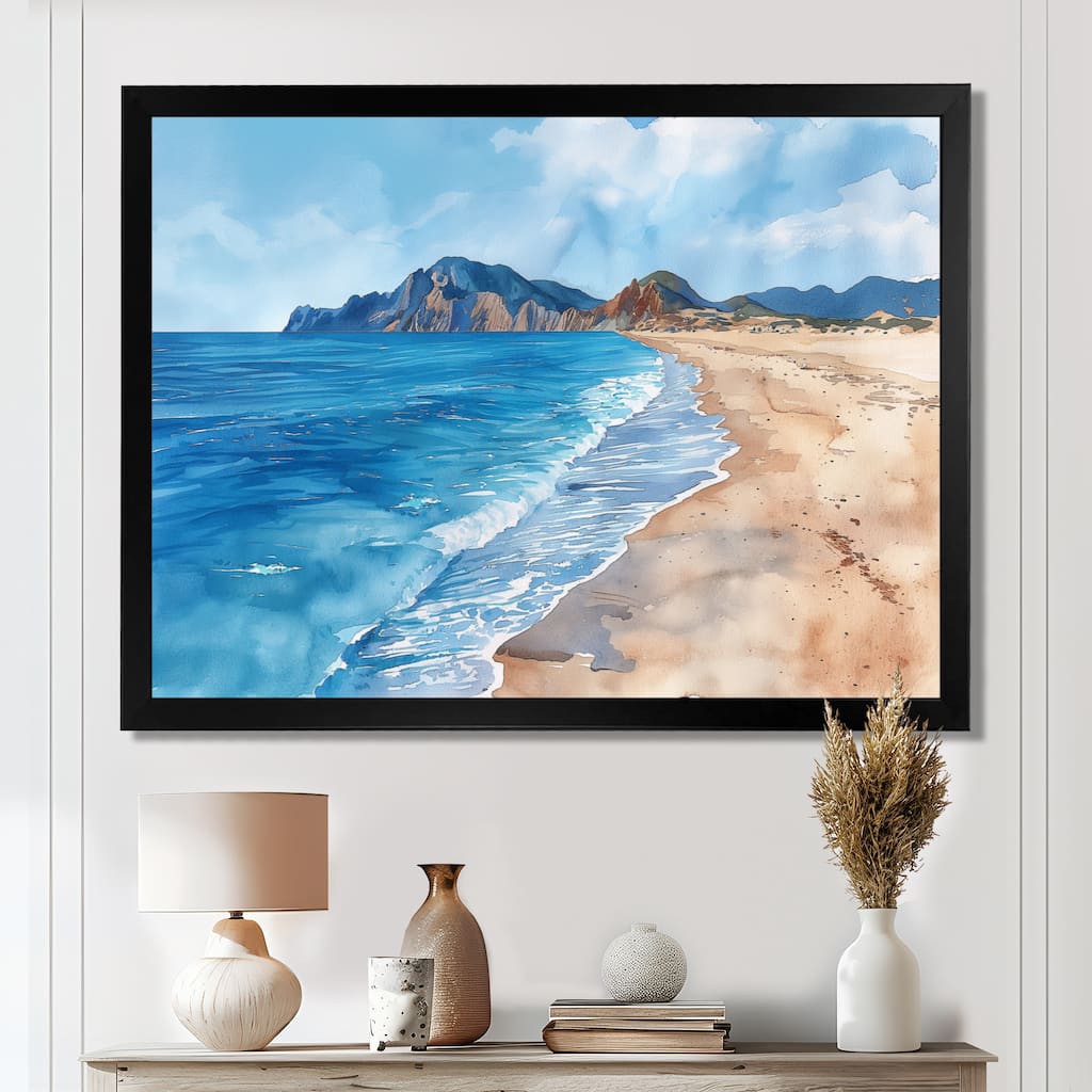 Designart "Blue White Italian Beachside Escape III" Beach Framed Wall Art - Nautical & Coastal Blue Wall Art Print