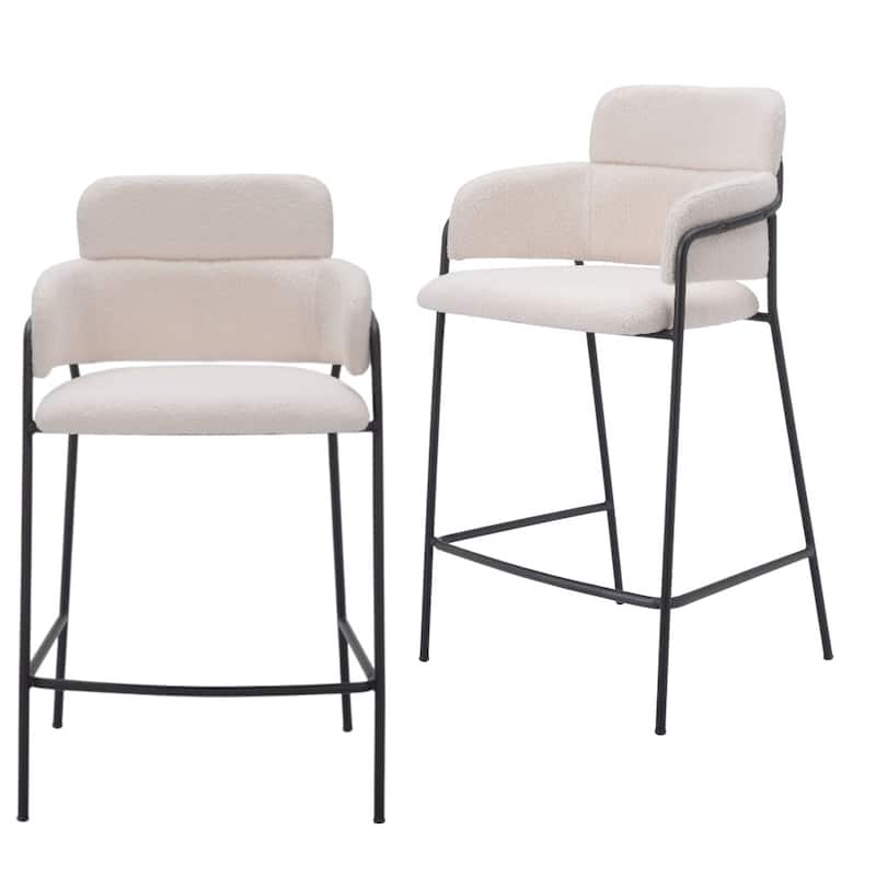 HomeRoots Set of Two 26" Cream and Black Faux Shearling and Steel Counter Height Bar Chairs