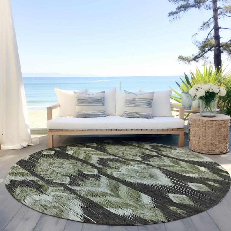 Machine Washable Indoor/ Outdoor Chantille Abstract Boho Rug - Olive - 8' x 8'